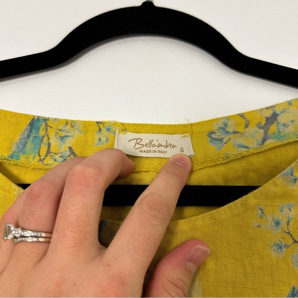 Bellambra Italy Yellow Linen Bird‎ Floral Print Flutter Sleeve Top Cottagecore S - Picture 4 of 7